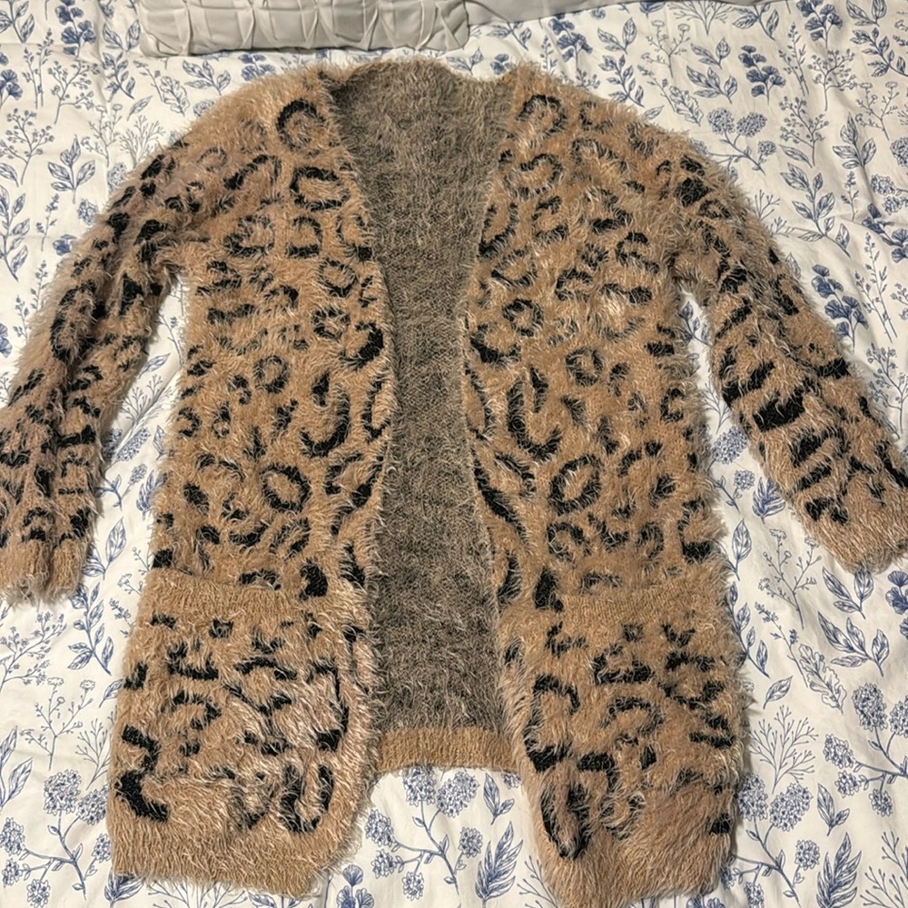 Fuzzy leopard print cardigan sweater